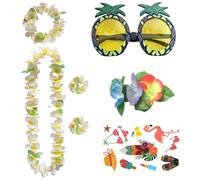 YUNYU Juego de 7 piezas de Lei de fiesta hawaiana en hojas blancas y verdes clásicas - Collar hawaiano decoración de flores con pulseras de flores a juego, gafas de sol de piña, diadema, pendientes