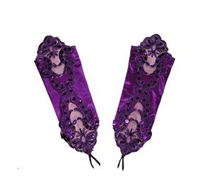 Yunyuebridal Guantes de noche de satén sin dedos para mujer, lentejuelas, perlas, longitud del codo opear guantes de teatro, Morado, Talla única