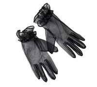 Yunyuebridal Guantes de tul de verano plisados con volantes y dedos completos, longitud de la muñeca, para fiesta de ópera - negro - Talla única