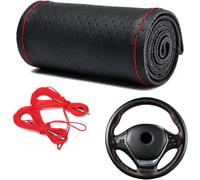 YUNZHISHIYE Funda para Volante De Coche,De Cuero Suave,Antideslizante Y Transpirable,con Diseño De Costuras A La Vista,Apta para Volantes De 37A39Cm De Diámetro(Línea roja Negra de Agujero Completo)