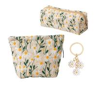 Yuqilin 2 Piezas Neceser Maquillaje Organizador Incluye Llavero Neceser Viaje Mujer Dos Tamaños Tejido Poliéster Makeup Bag Diseño Margaritas Bordadas para Desplazamientos Diarios Viajes (Beige)