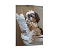 YUQLAGA Póster de perro Shih Tzu sentado en el inodoro y leyendo un periódico, arte de pared para sala de estar, dormitorio, sala de juegos, oficina, pósteres de 60 x 90 cm
