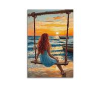 YUQLAGA Póster en lienzo con texto en inglés "A Blonde Girl Is Sitting on A Swing by the Sea", arte de pared para sala de estar, dormitorio, sala de juegos, oficina, pósteres de 30 x 45 cm