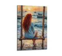 YUQLAGA Póster en lienzo con texto en inglés "A Blonde Girl Is Sitting on A Swing by the Sea", arte de pared para sala de estar, dormitorio, sala de juegos, oficina, 60 x 90 cm