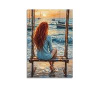 YUQLAGA Póster en lienzo con texto en inglés "A Blonde Girl Is Sitting on A Swing by the Sea", arte de pared para sala de estar, dormitorio, sala de juegos, oficina, pósteres de 50 x 75 cm