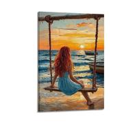YUQLAGA Póster en lienzo con texto en inglés "A Blonde Girl Is Sitting on A Swing by the Sea", arte de pared para sala de estar, dormitorio, sala de juegos, oficina, pósteres de 50 x 75 cm