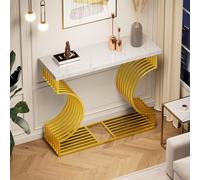 YuQozii 100 x 35 x 80 cm, mesa de centro moderna, sencilla y brillante, pequeña mesa auxiliar para salón, mesa de consola, base dorada se puede instalar de dos maneras (blanco)