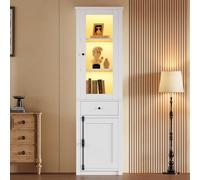 YuQozii Armario alto de 55 x 40 x 200 cm, vitrina con un cajón, vitrina de pie con 2 puertas de armario, vitrina de cristal con LED, color blanco, con asas de metal y aleación de aluminio