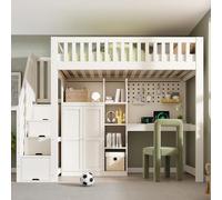 YuQozii Cama alta infantil blanca de 90 x 200 cm con escritorio, armario de escalera y armario, estanterías abiertas, conectores USB/USB C, somier, solución todo en uno que ahorra espacio, sin colchón