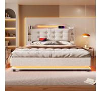 YuQozii Cama tapizada, 140 x 200 cm, espacio de almacenamiento hidráulico, varios compartimentos, sin colchón, USB + Type-C, lino, (beige)