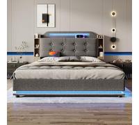 YuQozii Cama tapizada, 140 x 200 cm, espacio de almacenamiento hidráulico, varios compartimentos, sin colchón, USB + Type-C, lino, (gris)