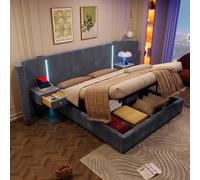 YuQozii Cama tapizada, 180 x 200 cm, con barra de luz ambiental, espacio de almacenamiento hidráulico, 2 cajones, sin colchón, USB+Type-C, terciopelo (gris)