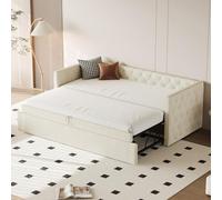 YuQozii Cama tapizada Sofá cama extensible 90 x 200 cm con somier, cama de invitados multifuncional, tela de terciopelo agradable a la piel, (colchón no incluido) (beige)