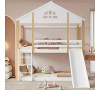 YuQozii Litera con ventanas características y deslizadores angulares de tres niveles, cama infantil con tobogán, cama con vallas y protección contra caídas, marco de cama de madera maciza, blanco y