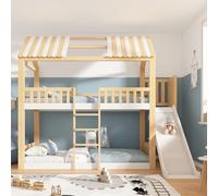 YuQozii Litera infantil de 90 x 200 cm con techo a dos aguas, color blanco y natural, cama alta con estante y tobogán de 35 cm, ascenso seguro, ideal para familias con dos niños, EN 747, sin colchón