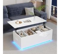 YuQozii Moderna mesa de centro de alto brillo con iluminación LED y espacio de almacenamiento oculto - Mesa auxiliar hidráulica elevable 100 x 50 x 35 cm, capacidad de carga 40 kg (blanco)