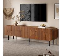 YuQozii Mueble de TV con 3 puertas, 2 cajones, ranuras verticales, relieves arqueados, esquinas redondeadas, patas metálicas, estilo mediados de siglo, pasacables para salón, mesa de televisión