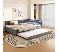 YuQozii Sofá Cama de 140 x 200 cm, Almacenamiento Debajo de la Cama, USB + Tipo C, iluminación Ambiental, Mando a Distancia, Cama Nido con somier (colchón no Incluido), Lino (Gris)