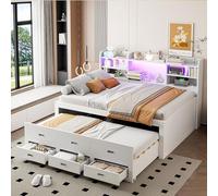 YuQozii Sofá cama, luz ambiental con mando a distancia, 3 cajones, mesita de noche, cama nido multifuncional con USB + conectores tipo C, colchón no incluido, color blanco (140 x 200 cm)