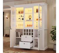 YuQozii Vitrina de 130 x 37,5 x 170,5 cm, vitrina de pie con 2 cajones, 4 puertas de armario, vitrina de cristal con LED, armario de salón de 130 cm de ancho, armario multifunción con 8 estantes para