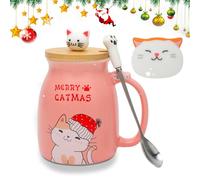 Yuragim Gatos Taza Regalos para Abuela, Taza Gato Linda Taza de Café de Cerámica con tapa, Cuchara de Acero Inoxidable, Taza de Té de 450 ml Navidad con Gatos Diseño de Navidad, Regalos de Navidad