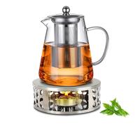Yuragim Juego de tetera con calientaplatos, 1300 ml, tetera de cristal con filtro y calentador de té de acero inoxidable, tetera con colador para té negro, té verde, bolsa de té, regalo de Navidad