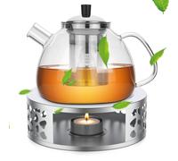 Yuragim Juego de tetera con calientaplatos, tetera de cristal de 1,5 L con filtro extraíble y calentador de té de acero inoxidable, tetera de cristal, tetera para té, té de hierbas, té de frutas