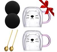 Yuragim Lindos gatos taza de café Kawaii tazas de doble pared vasos de gato vasos de té con asa, taza de espresso con cuchara posavasos regalo de cumpleaños para mujeres ideas Navidad 2 juego
