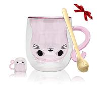 Yuragim Taza de gato Tazas de Café de Cristal 300 ml Vasos de Doble Pared con asa y cuchara Borosilicato Bonitas Tazas de Animal Para Latte Macchiato Capuchino, Té, Jugo, Helado, Regalo de Cumpleaños