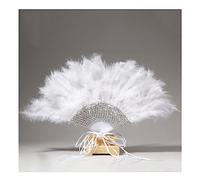 Yurosiay Abanico blanco con plumas con cuentas, cinta de lazo, abanicos elegantes para novias, bodas, bailes con plumas, grandes compartimentos para bodas, fiestas de Gatsby