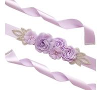 Yurosiay Cinturón con flores y perlas de estrás de 106 pulgadas, cinta de satén, elegante cinturón de boda, cinturón de maternidad, cinturón de novia, cinturón de novia, novia, baby shower, lila