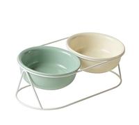 Yusat Cuenco Elevado para Gatos, Cuencos de Cerámica Inclinados para Gatos con Soporte de Metal para Protección de la Columna Cervical y Alimentación Cómoda (Cuenco Doble Beige + Verde Claro)