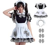 YushengTai Disfraz de doncella, disfraz de criada a cuadros en blanco y negro, disfraz de criada anime, vestido clásico de cosplay, vestido de cosplay clásico con diadema, Navidad, Halloween, fiesta