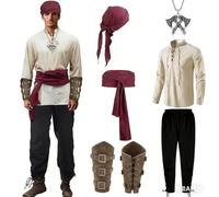 YushengTai Disfraz medieval para hombre, juego completo - Traje de pirata vikingo renacentista, disfraz de pirata para hombre, con camisa, pantalones, cinturón, muñequeras y accesorios para carnaval
