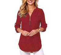 Yuson Girl Camisa Mujer Vaquera Sexy Gasa Top Camiseta Cremallera Manga Corta Blusa (Vino Rojo1, S)