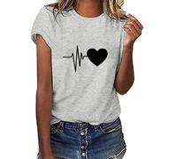 Yuson Girl Camiseta Mujer Manga Corta Camisetas Cuello Redondo Camiseta Algodon Básica Top Casual Blusa Verano Deporte T Shirts con Estampado de Corazón(Gris, M)