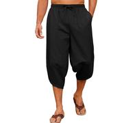 Yuson Girl Pantalon 3/4 Hombre Algodón Casual Anchos Largos Pantalones de Playa Sueltos Ligeros Cordón Elástica Pantalones de Yoga con Bolsillos Uso Diario(Negro, XXL)