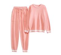Yuson Girl Pijama Mujer Invierno Forro Polar 2 Piezas Manga Larga Pjs con Pantalones Conjunto Cálido y Suave Pijama con Bolsillos Ropa de Dormir y Lounge(Rosa empolvado, M)