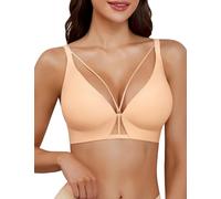 Yuson Girl Sujetador Diario Sin Aros Escote V Sensual Sin Costuras Invisible Sujetador Mujer Cómodo y Transpirable lencería Sexy(Beige, S)