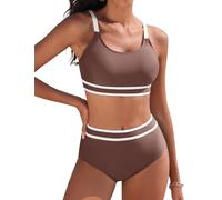 Yuson Girl Traje de Baño Mujer Conjunto de Bikini Push Up Patchwork de Rayas Bikinis Deportivo Cintura Alta Bikini Control de Vientre Bañador Reductor Bikinis Dos Piezas(Marrón Claro, L)