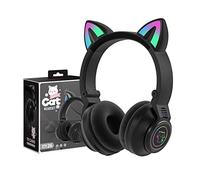 YUSONIC Audífonos inalámbricos para niños con Orejas de Gato con luz LED, Auriculares Plegables Bluetooth para niñas y niños pequeños, Auriculares para Tablet Amazon Fire, iPad, Escuela (Negro)
