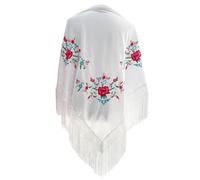 Yusons Mantón de Manila Mujer de Pico en Triángulo, Mantones de Flamenca Bordado en Flores, Mantoncillos de Flamenca de Flor (Blanco)