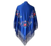 Yusons Mantón de Manila Mujer de Pico en Triángulo, Mantones de Flamenca Bordado en Flores, Mantoncillos de Flamenca de Flor (Azul)