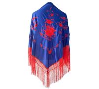 Yusons Mantón de Manila Mujer de Pico en Triángulo, Mantones de Flamenca Bordado en Flores, Mantoncillos de Flamenca de Flor (Azul/Rojo)