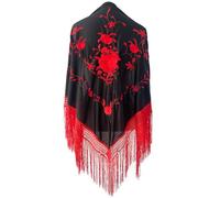 Yusons Mantón de Manila Mujer de Pico en Triángulo, Mantones de Flamenca Bordado en Flores, Mantoncillos de Flamenca de Flor (Negro/Rojo)