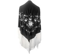 Yusons Mantón de Manila Mujer de Pico en Triángulo, Mantones de Flamenca Bordado en Flores, Mantoncillos de Flamenca de Flor (Negro/Blanco)