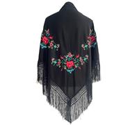 Yusons Mantón de Manila Mujer de Pico en Triángulo, Mantones de Flamenca Bordado en Flores, Mantoncillos de Flamenca de Flor (Negro)