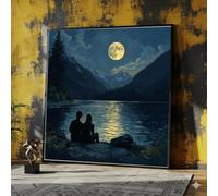 YUSUZHU Cuadro de escena de lago a la luz de la luna, pareja junto al agua, paisaje de montaña, lienzo decorativo para pared, reflejo del cielo nocturno, lienzo decorativo (60x60cm/marco interior)