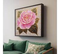 YUSUZHU Cuadro de pared con rosas rosadas, detalles en pan de oro, pintura floral decorativa, lienzo de lujo para la decoración del hogar, obra de arte floral romántica (50x50cm/sin marco)