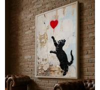 YUSUZHU Cuadro de un gato negro juguetón que alcanza un corazón rojo, arte urbano callejero, decoración de pared con animales, impresión en lienzo de gato contemporáneo (60x90cm/sin marco).